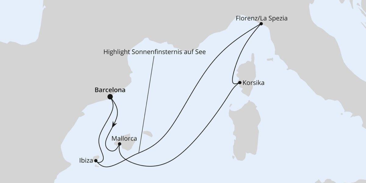 Route AIDAcosma zur Sonnenfinsternis im Mittelmeer