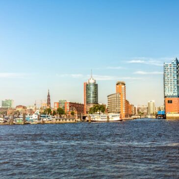 Hamburg skyline with Landungsbrücken and Elbphilharmonie